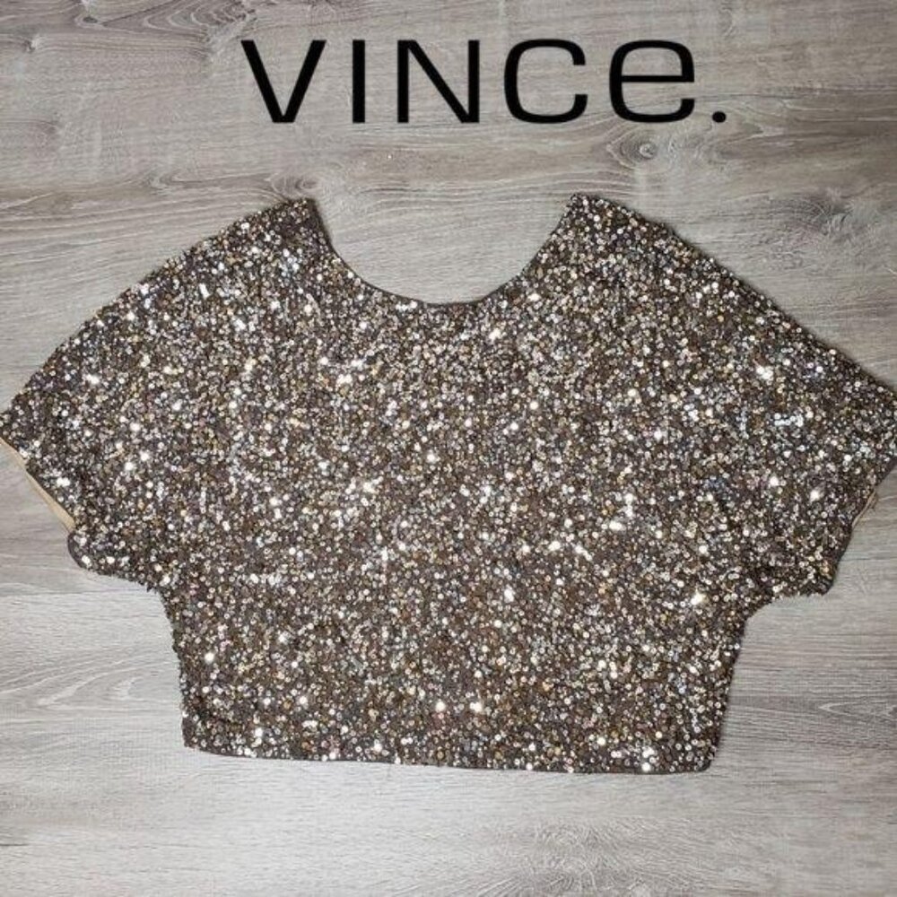 Vince Sequin sparkle Top size small gold cropped Short Sleeve club party bridal - Picture 8 of 8